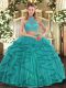 Halter Top Sleeveless Criss Cross Quinceanera Gown Turquoise Tulle