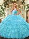 Designer Organza Straps Sleeveless Lace Up Beading and Ruffled Layers and Pick Ups Quinceanera Gown in Aqua Blue