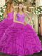 Modest Floor Length Fuchsia 15 Quinceanera Dress Tulle Sleeveless Beading and Ruffles