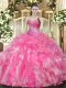 Nice Sleeveless Floor Length Beading and Ruffles Lace Up Sweet 16 Quinceanera Dress with Hot Pink