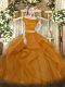 Perfect Floor Length Brown Quince Ball Gowns Tulle Short Sleeves Appliques and Ruffles