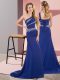 Romantic Beading Prom Dresses Blue Lace Up Sleeveless Floor Length Sweep Train