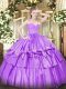Floor Length Lilac Quince Ball Gowns Organza Sleeveless Beading and Lace and Ruffled Layers