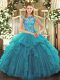 High End Teal Ball Gowns Organza Scoop Cap Sleeves Ruffles Lace Up Ball Gown Prom Dress
