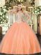 Customized Sleeveless Tulle Floor Length Lace Up Quinceanera Gown in Peach with Beading