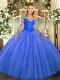 Blue Scoop Neckline Lace Ball Gown Prom Dress Long Sleeves Lace Up