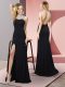 Black Column/Sheath Elastic Woven Satin High-neck Sleeveless Beading Floor Length Backless Prom Dresses
