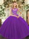Inexpensive Eggplant Purple Ball Gowns Scoop Sleeveless Tulle Floor Length Lace Up Beading and Appliques Quinceanera Dresses