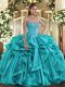 Teal Ball Gowns Sweetheart Sleeveless Organza Floor Length Lace Up Embroidery and Ruffles Ball Gown Prom Dress