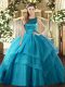 Teal Ball Gowns Scoop Sleeveless Tulle Floor Length Lace Up Ruffled Layers 15 Quinceanera Dress