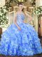 Luxurious Blue Sweet 16 Dress Military Ball and Sweet 16 and Quinceanera with Beading and Ruffled Layers Sweetheart Sleeveless Lace Up