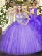 Sleeveless Floor Length Beading Lace Up Sweet 16 Dress with Lavender