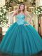 Sophisticated Teal Tulle and Sequined Lace Up 15th Birthday Dress Sleeveless Floor Length Appliques