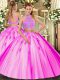 Fuchsia Two Pieces Beading Quinceanera Gown Criss Cross Tulle Sleeveless Floor Length