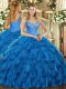 Fine Blue Lace Up Ball Gown Prom Dress Beading and Ruffles Sleeveless Floor Length