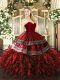 Hot Sale Wine Red Sleeveless Floor Length Embroidery and Ruffles Zipper Quince Ball Gowns