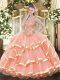 Peach Ball Gowns Sweetheart Sleeveless Organza Floor Length Lace Up Appliques and Ruffled Layers Sweet 16 Quinceanera Dress