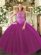 Fuchsia Halter Top Lace Up Beading and Embroidery Quinceanera Gown Sleeveless