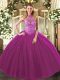 Fuchsia Halter Top Lace Up Beading and Embroidery Quinceanera Gown Sleeveless  Fuchsia Halter Top Lace Up Beading and Embroidery Quinceanera Gown Sleeveless
