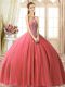 Customized Coral Red Tulle Lace Up 15 Quinceanera Dress Sleeveless Floor Length Beading