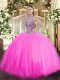 Beautiful Ball Gowns Quince Ball Gowns Rose Pink Halter Top Tulle Sleeveless Floor Length Lace Up