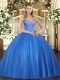Glamorous Blue Tulle Lace Up V-neck Sleeveless Floor Length Sweet 16 Dresses Beading