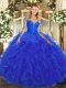 Stylish Royal Blue Lace Up Scoop Lace and Ruffles Ball Gown Prom Dress Tulle Long Sleeves