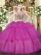 Luxurious Fuchsia Two Pieces Tulle Scoop Sleeveless Beading and Ruffled Layers Floor Length Lace Up 15 Quinceanera Dress