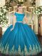 Exceptional Teal Tulle Zipper Off The Shoulder Short Sleeves Floor Length Sweet 16 Dress Appliques