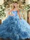 Aqua Blue Sleeveless Fabric With Rolling Flowers Lace Up Quinceanera Dresses for Military Ball and Sweet 16 and Quinceanera