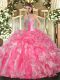 Elegant Rose Pink Organza Lace Up Sweetheart Sleeveless Floor Length Quinceanera Dresses Beading and Ruffles