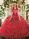 Red Halter Top Neckline Ruffles 15th Birthday Dress Sleeveless Lace Up