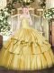 Floor Length Gold Quinceanera Gown Organza and Taffeta Sleeveless Beading and Ruffled Layers