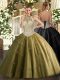 Brown Ball Gowns Halter Top Sleeveless Tulle Floor Length Lace Up Beading and Appliques Sweet 16 Quinceanera Dress
