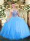 Sleeveless Tulle Floor Length Lace Up Sweet 16 Dresses in Blue with Beading