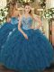 Sumptuous Floor Length Lace Up 15 Quinceanera Dress Teal for Military Ball and Sweet 16 and Quinceanera with Beading and Ruffled Layers