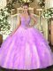 Designer Lilac Straps Lace Up Beading and Ruffles Quinceanera Gown Sleeveless