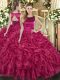 Bateau Sleeveless Ball Gown Prom Dress Floor Length Ruffles Fuchsia Organza