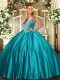 Sleeveless Satin Floor Length Lace Up Quinceanera Gowns in Teal with Beading