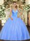 Dazzling V-neck Sleeveless Lace Up Sweet 16 Dresses Blue Tulle