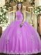 Discount Lilac Ball Gowns Tulle High-neck Sleeveless Beading and Appliques Floor Length Lace Up Quinceanera Dress