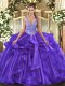 Amazing Purple Lace Up Straps Beading and Ruffles Ball Gown Prom Dress Organza Sleeveless
