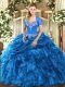 Affordable Ball Gowns Quince Ball Gowns Blue Sweetheart Organza Sleeveless Floor Length Lace Up
