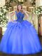 Blue Ball Gowns Organza Scoop Cap Sleeves Beading Floor Length Zipper Sweet 16 Dress
