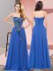 Lovely Blue Empire Chiffon Sweetheart Sleeveless Embroidery Floor Length Lace Up Dress for Prom