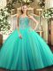 Latest Aqua Blue Sleeveless Beading Floor Length Quinceanera Gowns