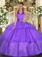 Lavender Ball Gowns Tulle Halter Top Sleeveless Ruffled Layers Floor Length Lace Up Quinceanera Gown