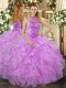 High End Lavender Halter Top Lace Up Beading and Ruffles Quinceanera Gown Sleeveless