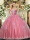 Customized Tulle Sleeveless Floor Length Quinceanera Gown and Beading and Appliques