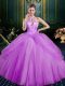 Best Lilac 15th Birthday Dress Military Ball and Sweet 16 and Quinceanera with Beading and Pick Ups Halter Top Sleeveless Lace Up